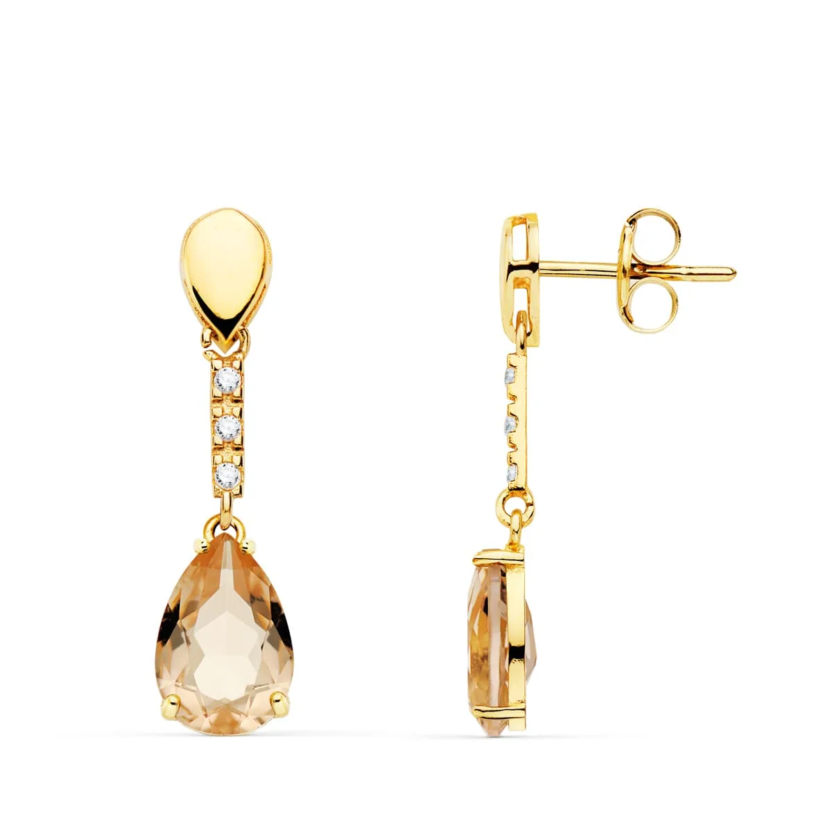 18K PENDIENTES ORO AMARILLO PIEDRA GOTA COLOR KUNCITA 28X7 MM CIERRE PRESION