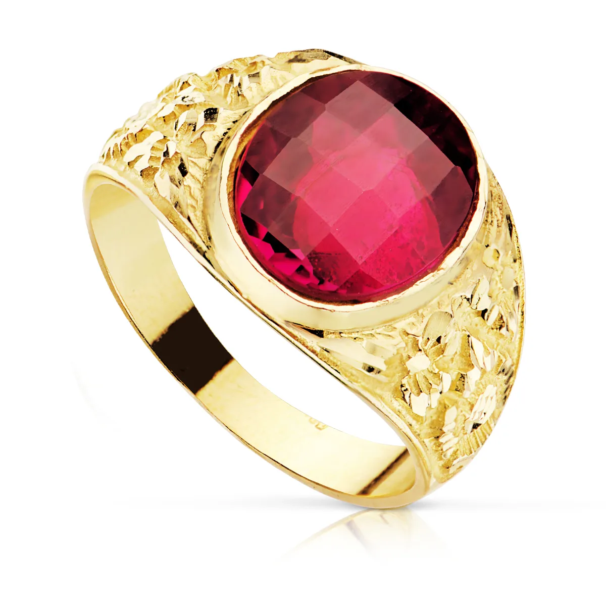 18K SELLO CABALLERO TALLADO ORO AMARILLO MACIZO PIEDRA SPINEL RUBI OVAL DAMERO 12 X 10 MM