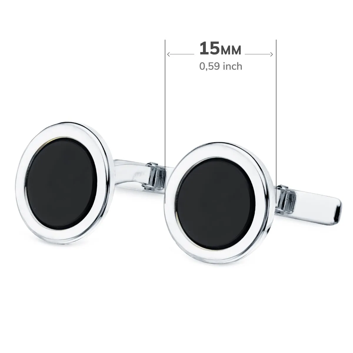 18K GEMELOS ORO BLANCO REDONDOS CON ONIX 15 MM CIERRE RIGIDO OSCILANTE — vista 3
