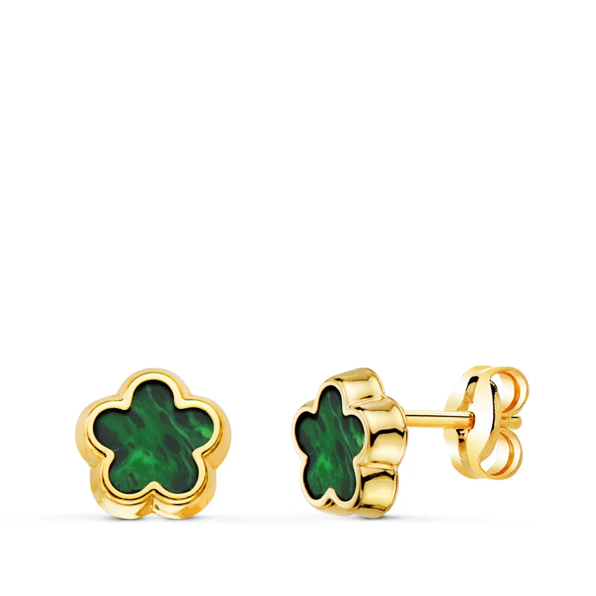 18K PENDIENTES ORO AMARILLO FLOR CON MALAQUITA 7X7 MM. CIERRE PRESION