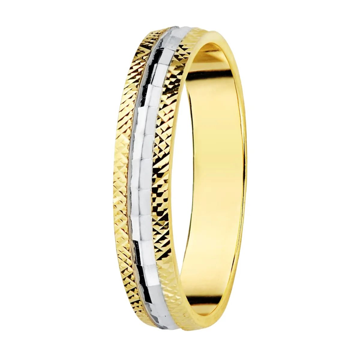 9K ALIANZA ORO BICOLOR TALLADA. ANCHO: 3.5 MM