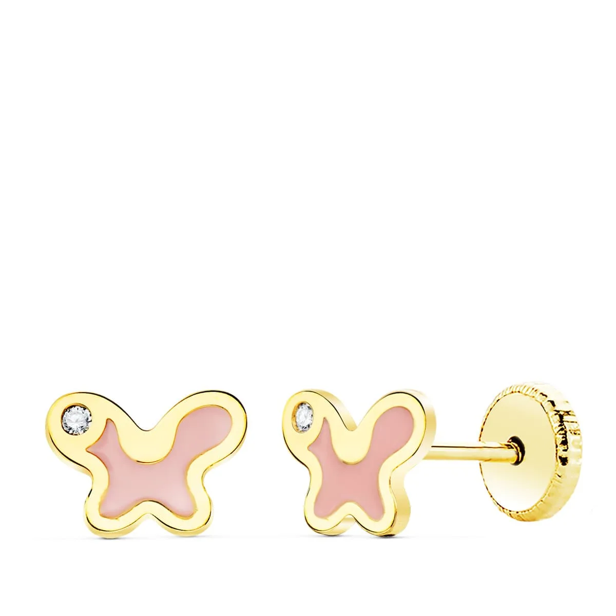 18K PENDIENTES ORO AMARILLO MARIPOSA ESMALTE ROSA 7X5 MM CIERRE TUERCA