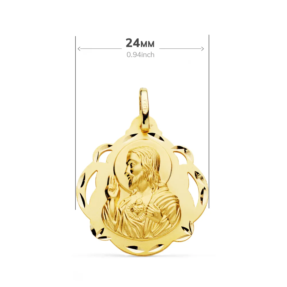 18K ESCAPULARIO ORO AMARILLO VIRGEN DEL CARMEN Y CORAZON DE JESUS PANDERETA CALADA 24 MM — vista 2