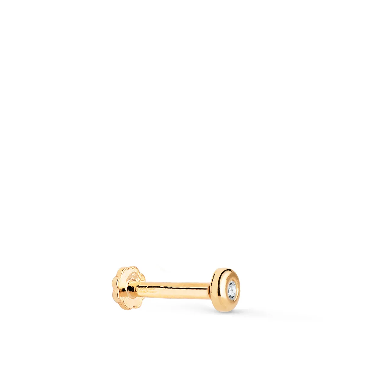 18K PIERCING DE OREJA ORO AMARILLO CHATON 3 MM CON CIRCONITA. GRUESO BARRA 1.20 MM. CIERRE TUERCA
