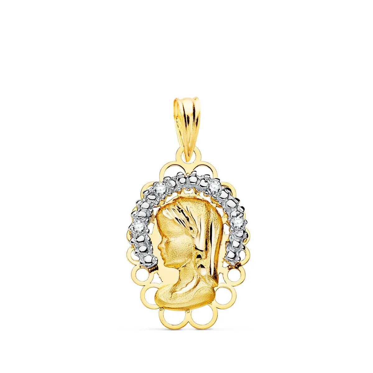 18K MEDALLA ORO AMARILLO ORO BICOLOR VIRGEN NIÑA CORONA CON CIRCONITA 21X14 MM