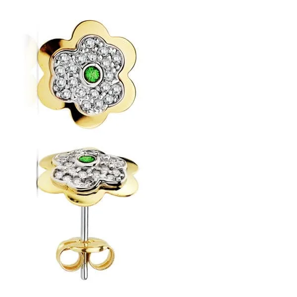 18K PENDIENTES ORO AMARILLO FLOR 6 HOJAS ESMERALDA CIRCONITA 6 MM CIERRE PRESION