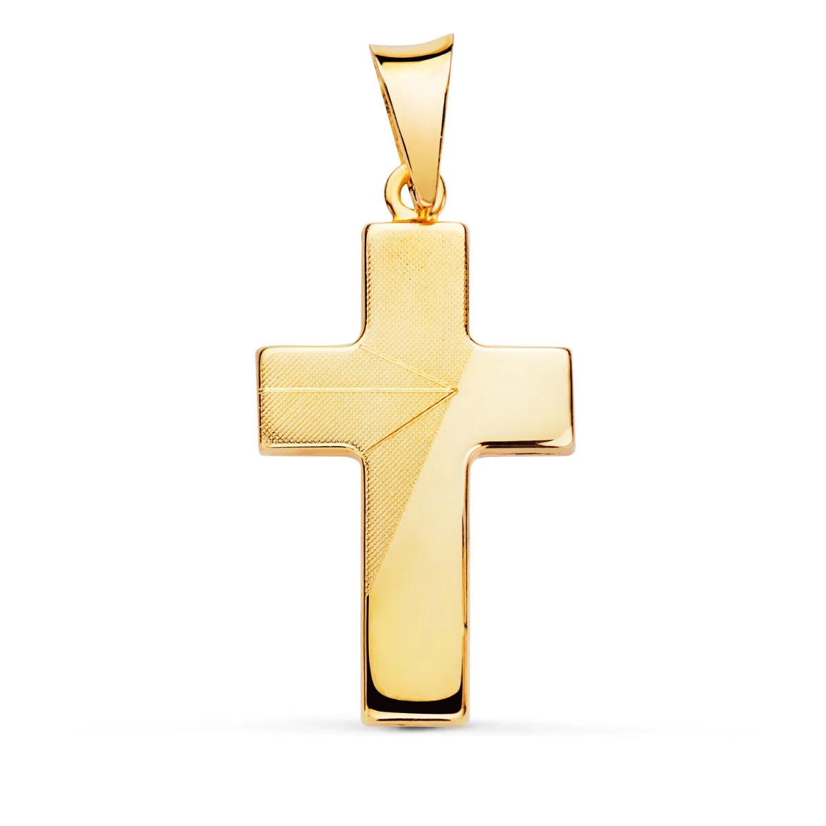 18K CRUZ ORO AMARILLO HUECA MATE Y BRILLO. MEDIDA: 27 X 15 MM
