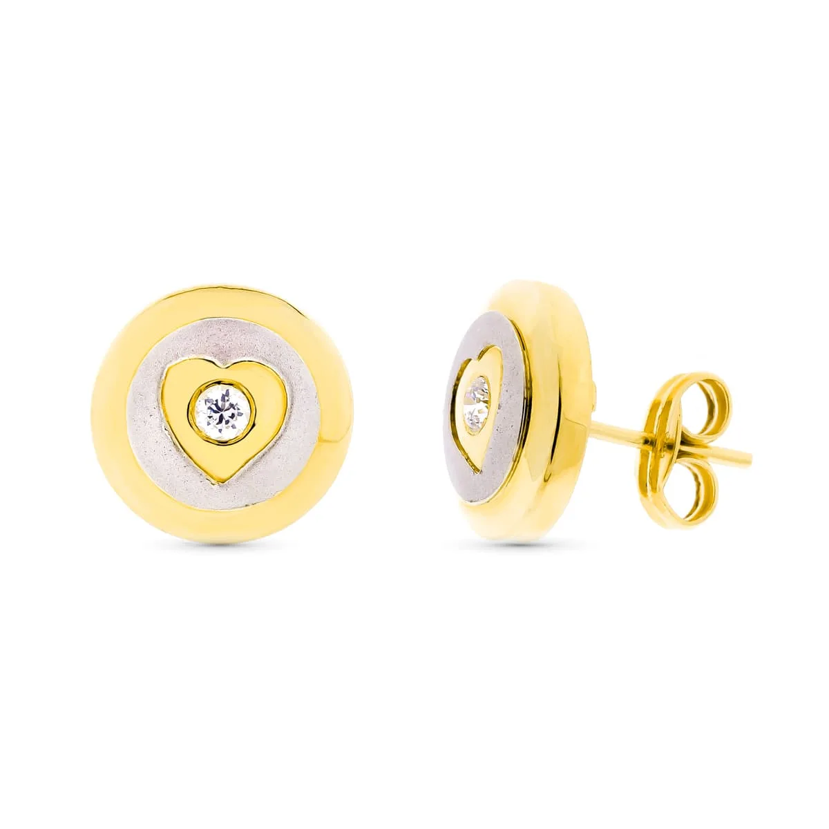 18K PENDIENTES ORO BICOLOR MATE Y BRILLO REDONDOS 11 MM CIERRE A PRESIÓN