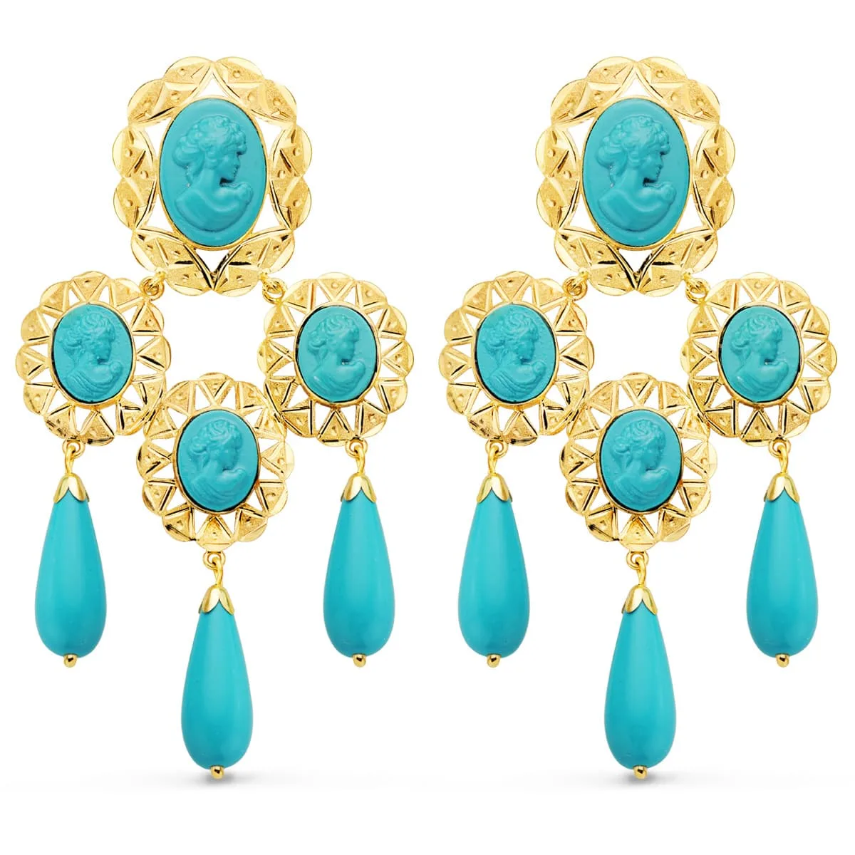 18K PENDIENTES CUBANAS ORO AMARILLO MANTILLA CAMAFEO Y TURQUESAS. 70X38 MM CATALAN