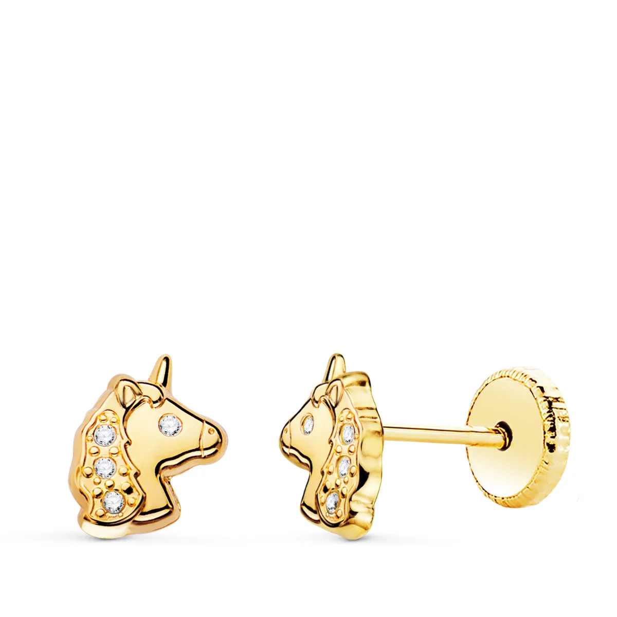 18K PENDIENTES ORO AMARILLO UNICORNIOS BRILLO CON CIRCONITA TUERCA 7,5 X 6MM