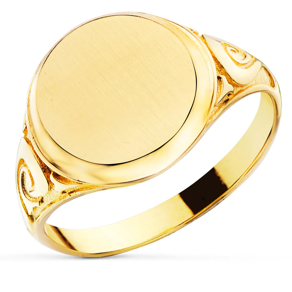 18K SELLO ORO AMARILLO CABALLERO MACIZO ZONA GRABADO REDONDO 12X12MM