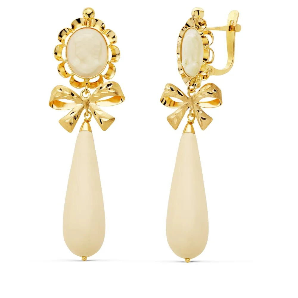 18K PENDIENTES CUBANAS ORO AMARILLO CAMAFEO LAZO MARFIL 62X18 CIERRE CATALAN