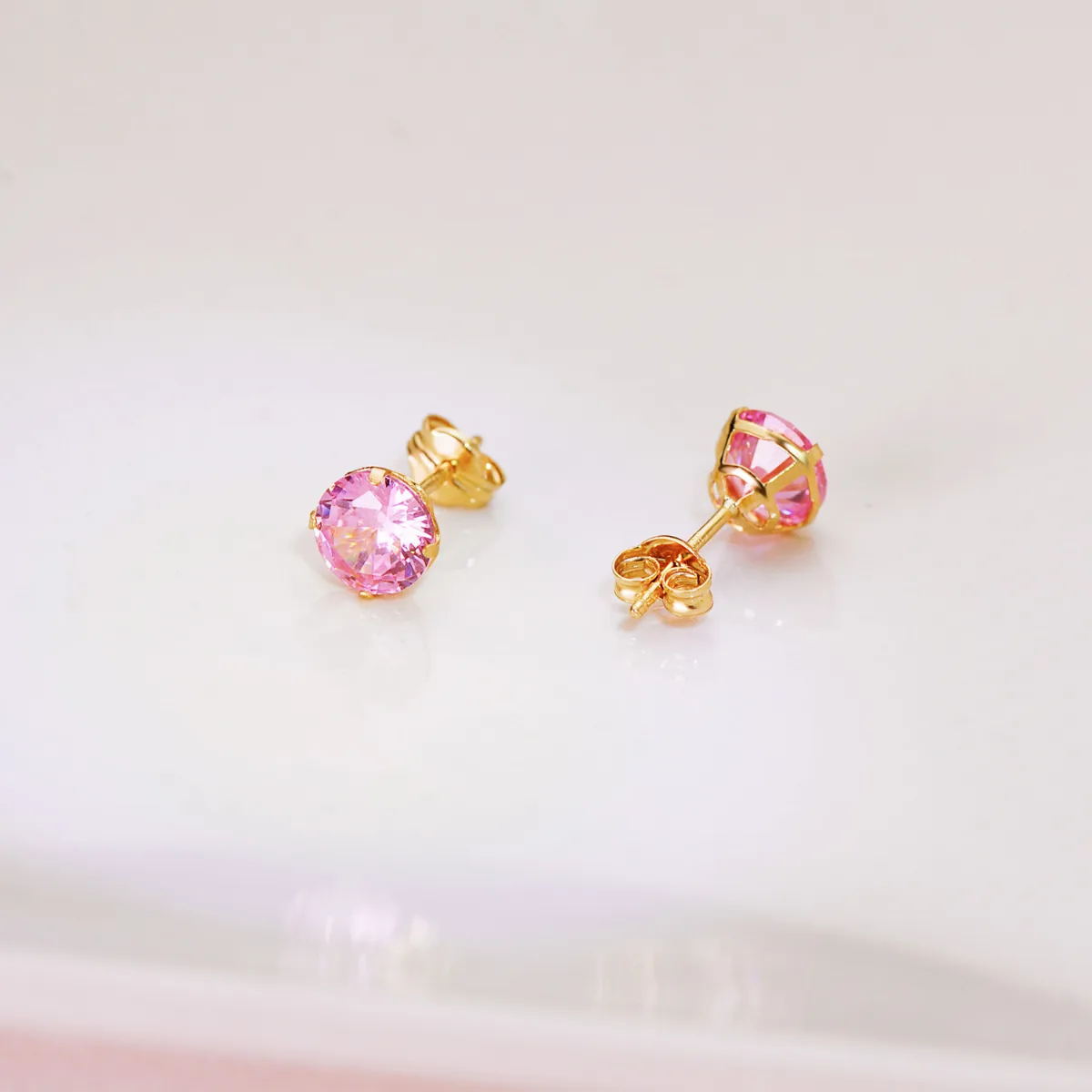 18K PENDIENTES ORO AMARILLO REDONDOS PIEDRA ROSA 6 MM. CIERRE PRESION — vista 2