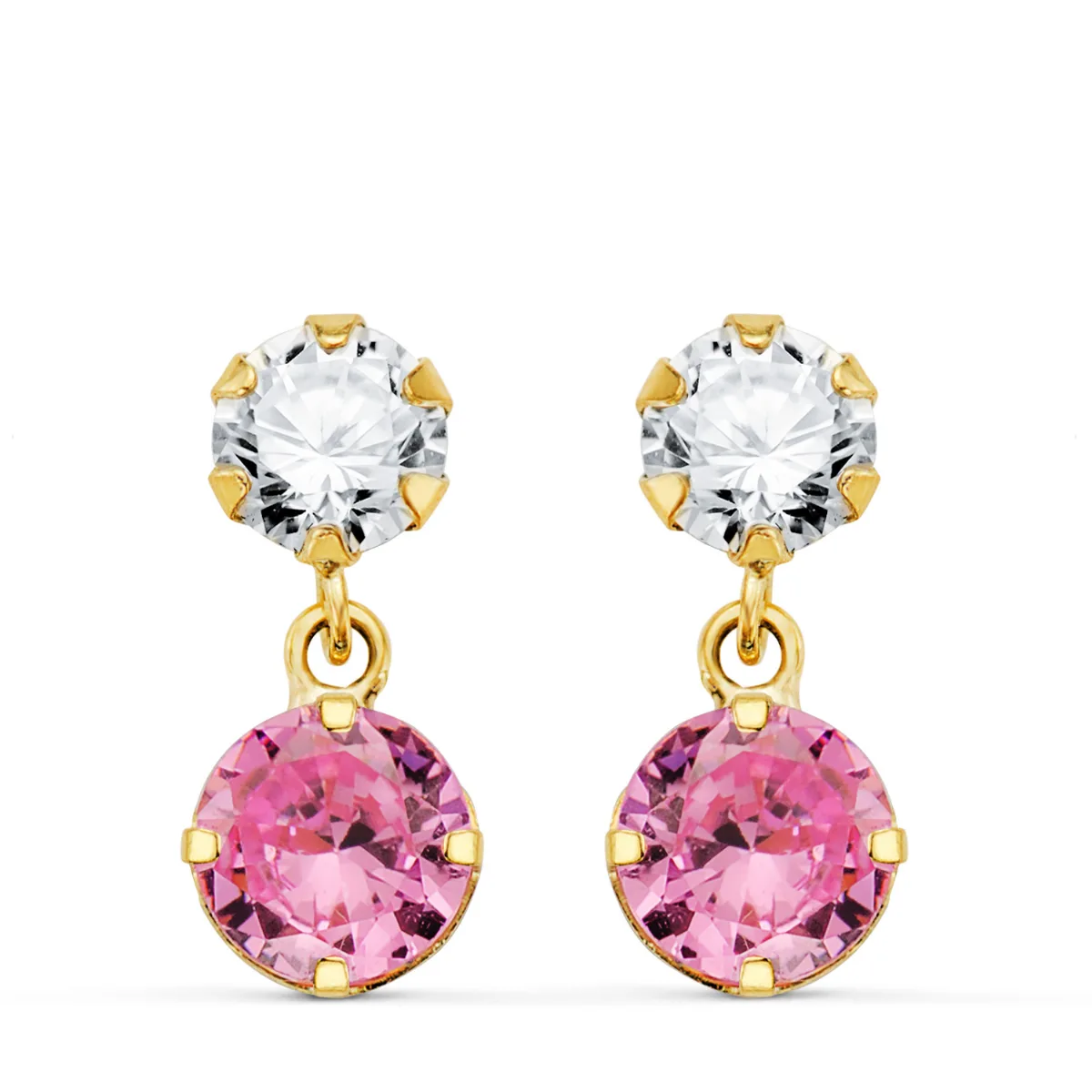 18K PENDIENTES ORO AMARILLO DOS CUERPOS CON CIRCONITA Y PIEDRA ROSA REDONDA 15 X 6MM. CIERRE PRESION