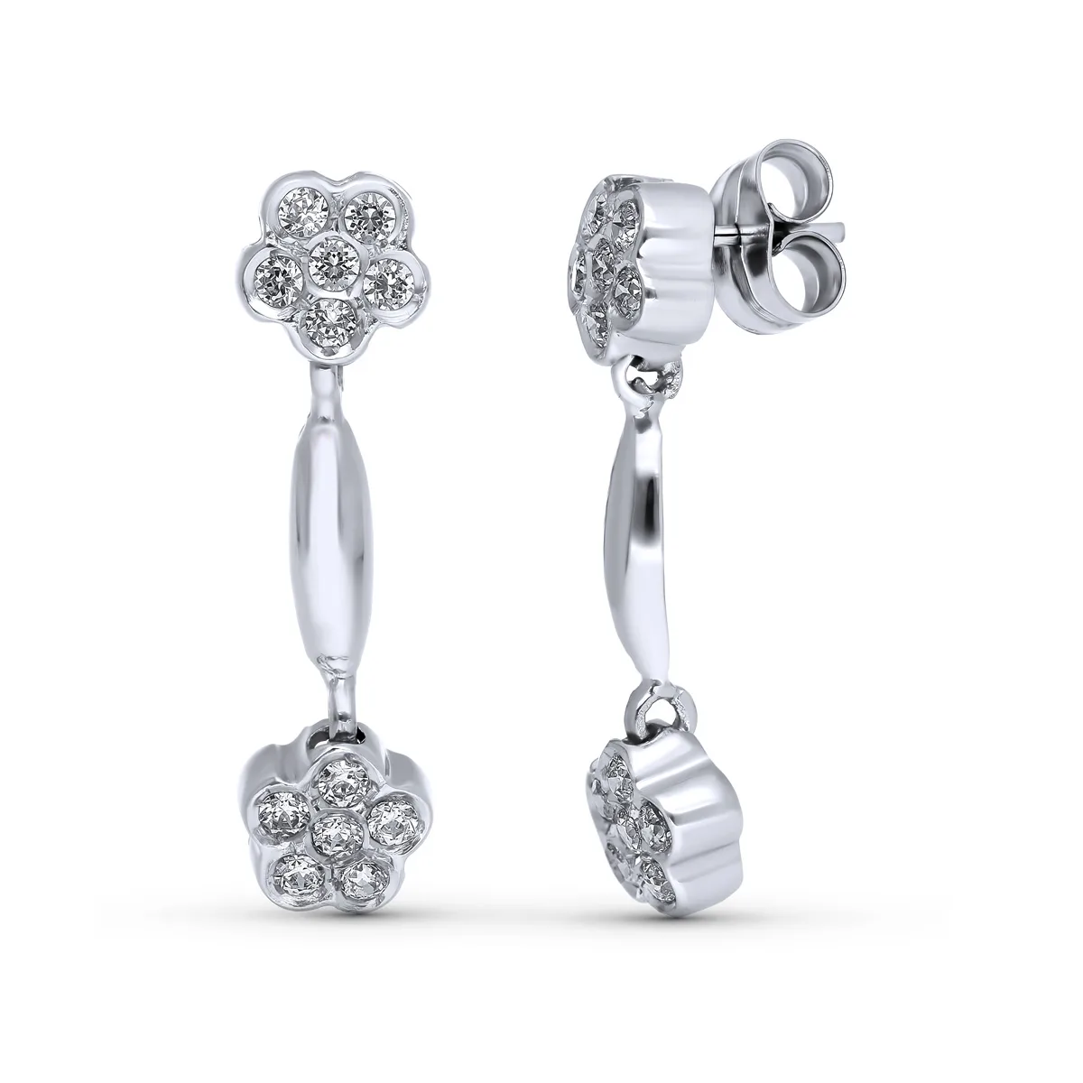 18K PENDIENTES ORO BLANCO LARGOS FLORES 26X7 MM PRESIÓN