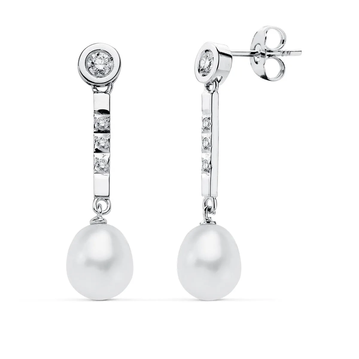 18K PENDIENTES PERLA ORO BLANCO CIRCONITA PRESION