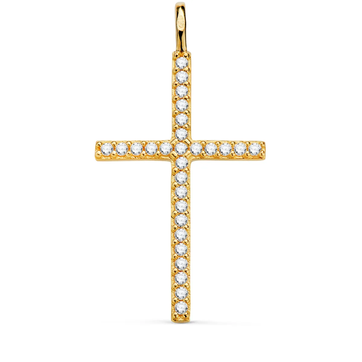 18K CRUZ ORO AMARILLO CON CIRCONITA BLANCAS 37 X 19 MM. ANILLA FIJA