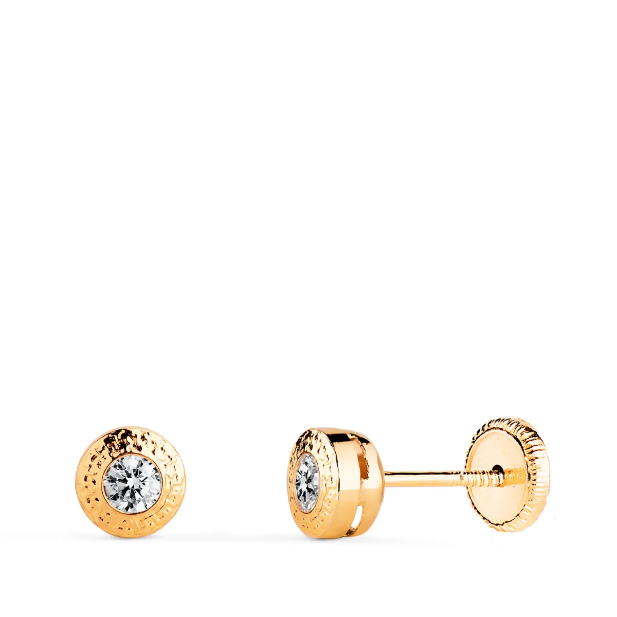 18K PENDIENTES ORO AMARILLO CHATON REDONDOS 5 MM CON GRECA Y  CIRCONITA. CIERRE TUERCA