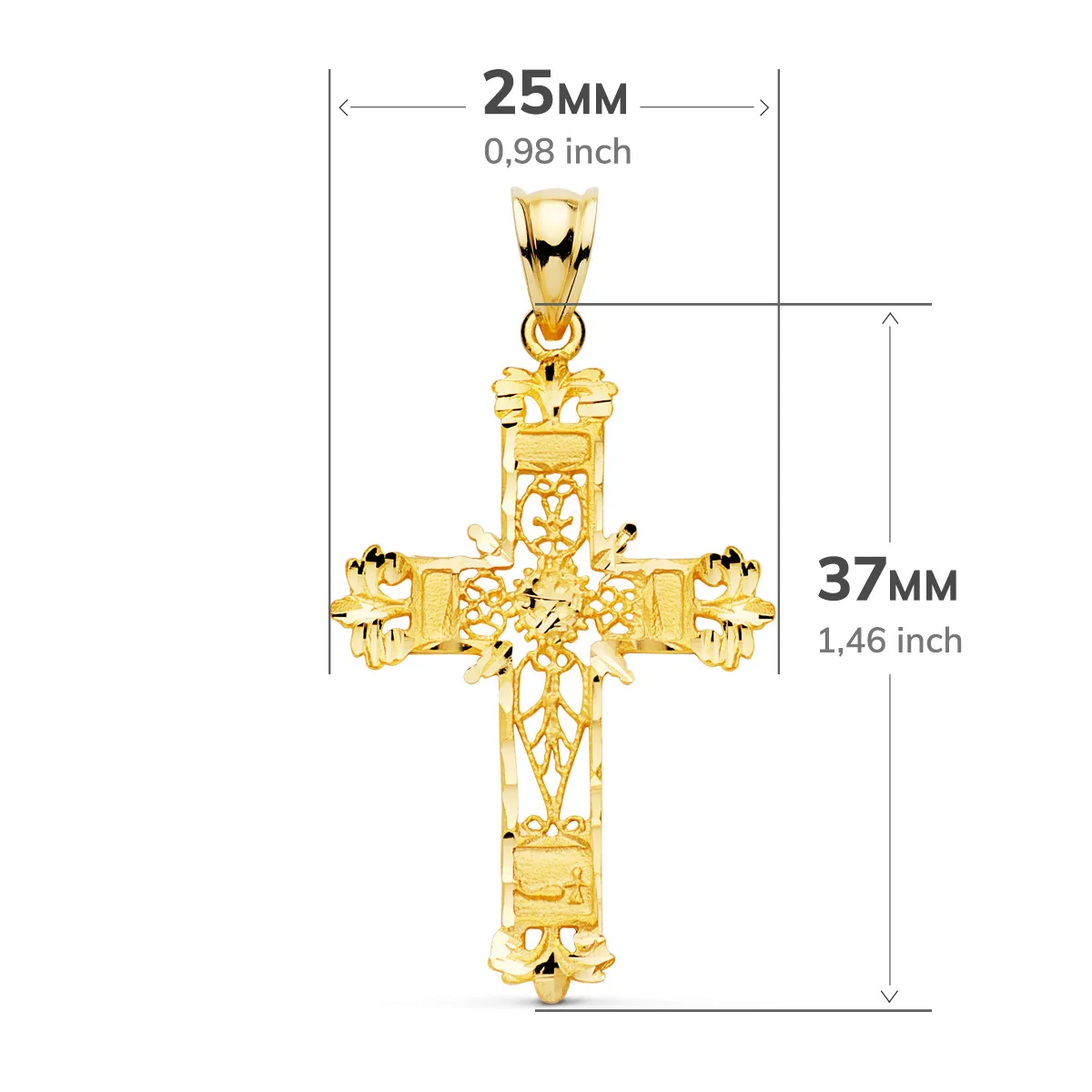 18K CRUZ ORO AMARILLO FILIGRANA BORDES TALLADOS. 37X25 MM — vista 2