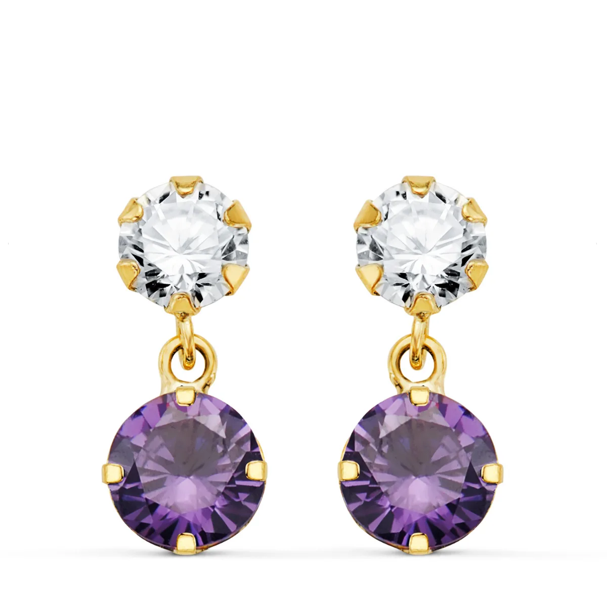 18K PENDIENTES ORO AMARILLO DOS CUERPOS CON CIRCONITA Y AMATISTA REDONDA 15 X 6 MM. CIERRE PRESION
