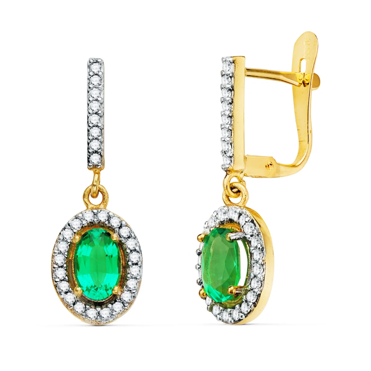 18K PENDIENTES ORO BICOLOR DOS CUERPOS ESMERALDA 6 X 4 MM Y CIRCONITAS. 22 X 8MM CIERRE CATALAN