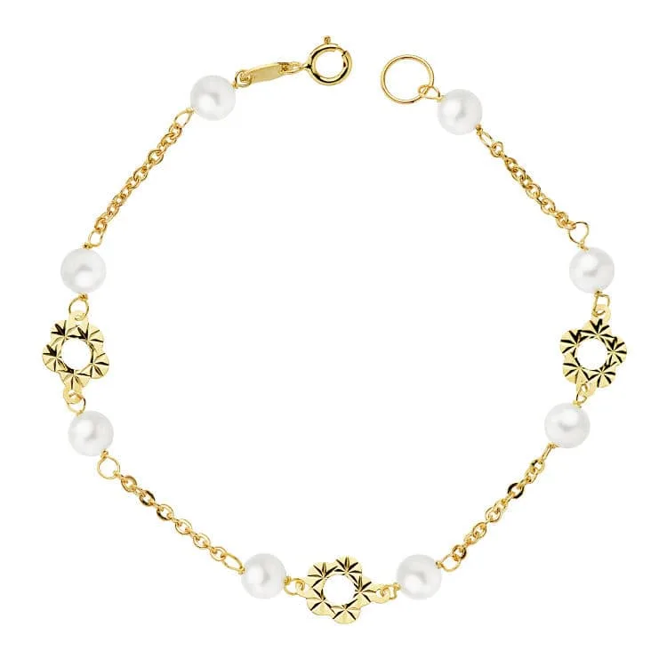 18K PULSERA ORO AMARILLO FLOR Y PERLAS 5 MM 18CM