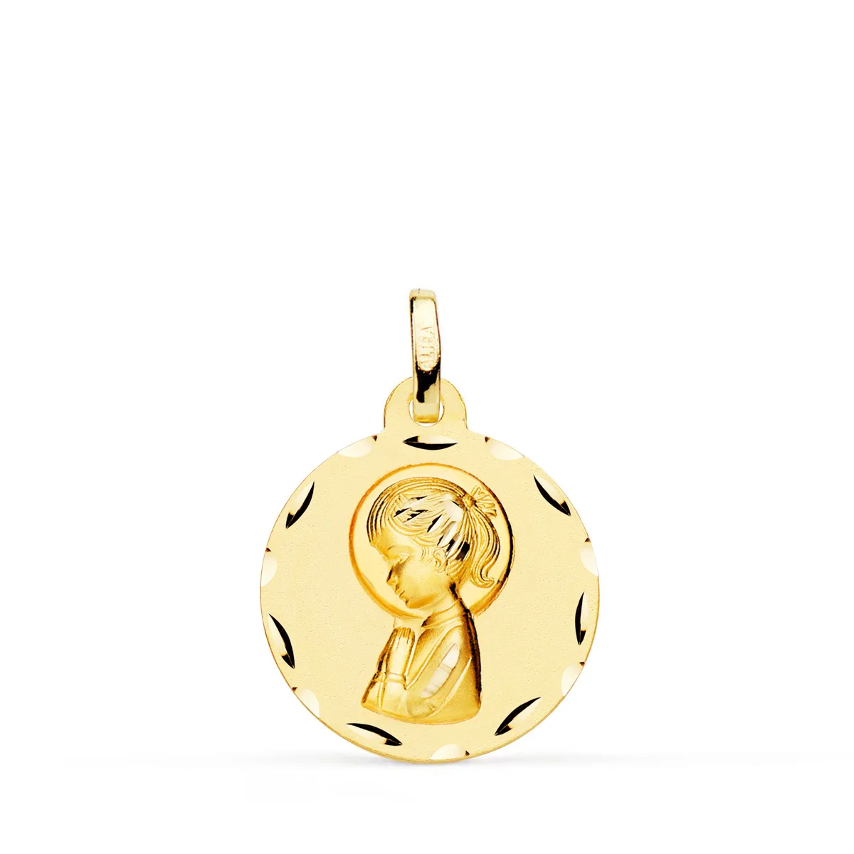 18K MEDALLA ORO AMARILLO VIRGEN NIÑA PERFIL MATIZADA Y TALLADA 18 MM