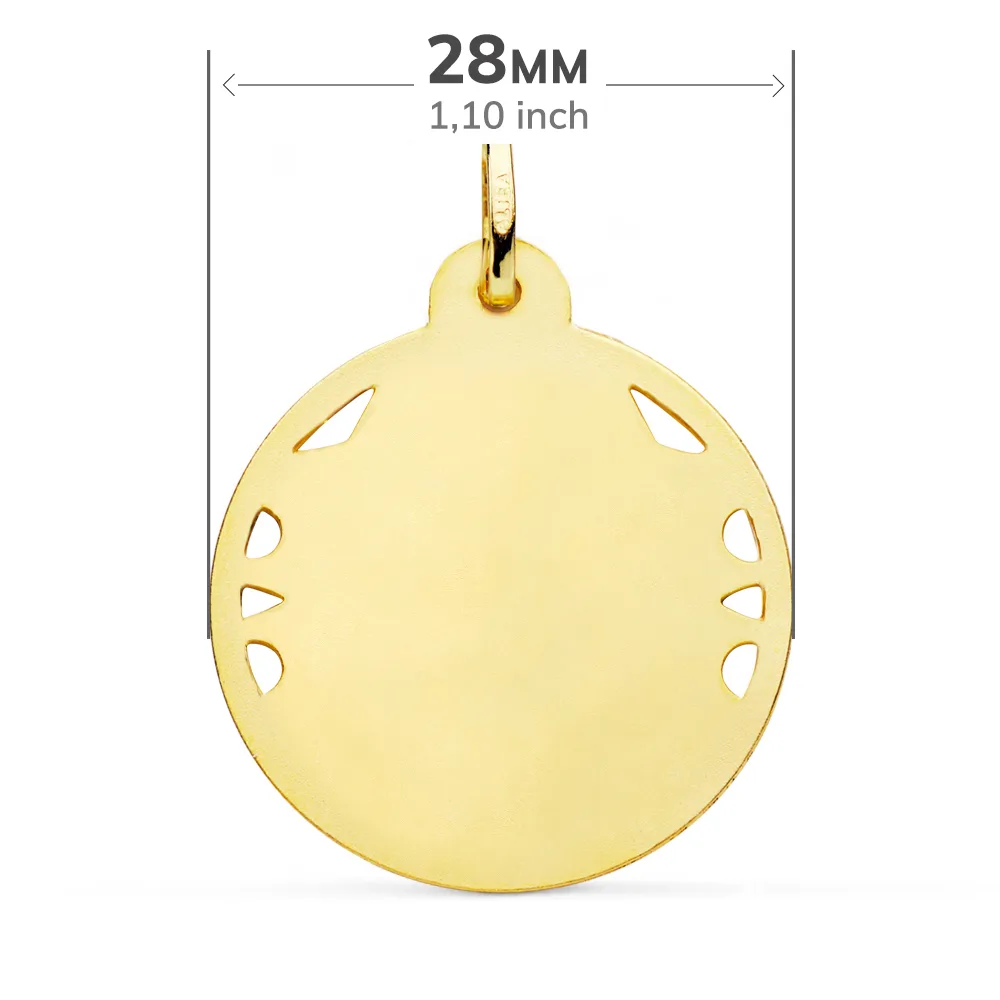 18K MEDALLA ORO AMARILLO CRISTO SAGRADO CORAZON DE JESUS CALADO CERCO HELICE TALLADO 28 MM — vista 2
