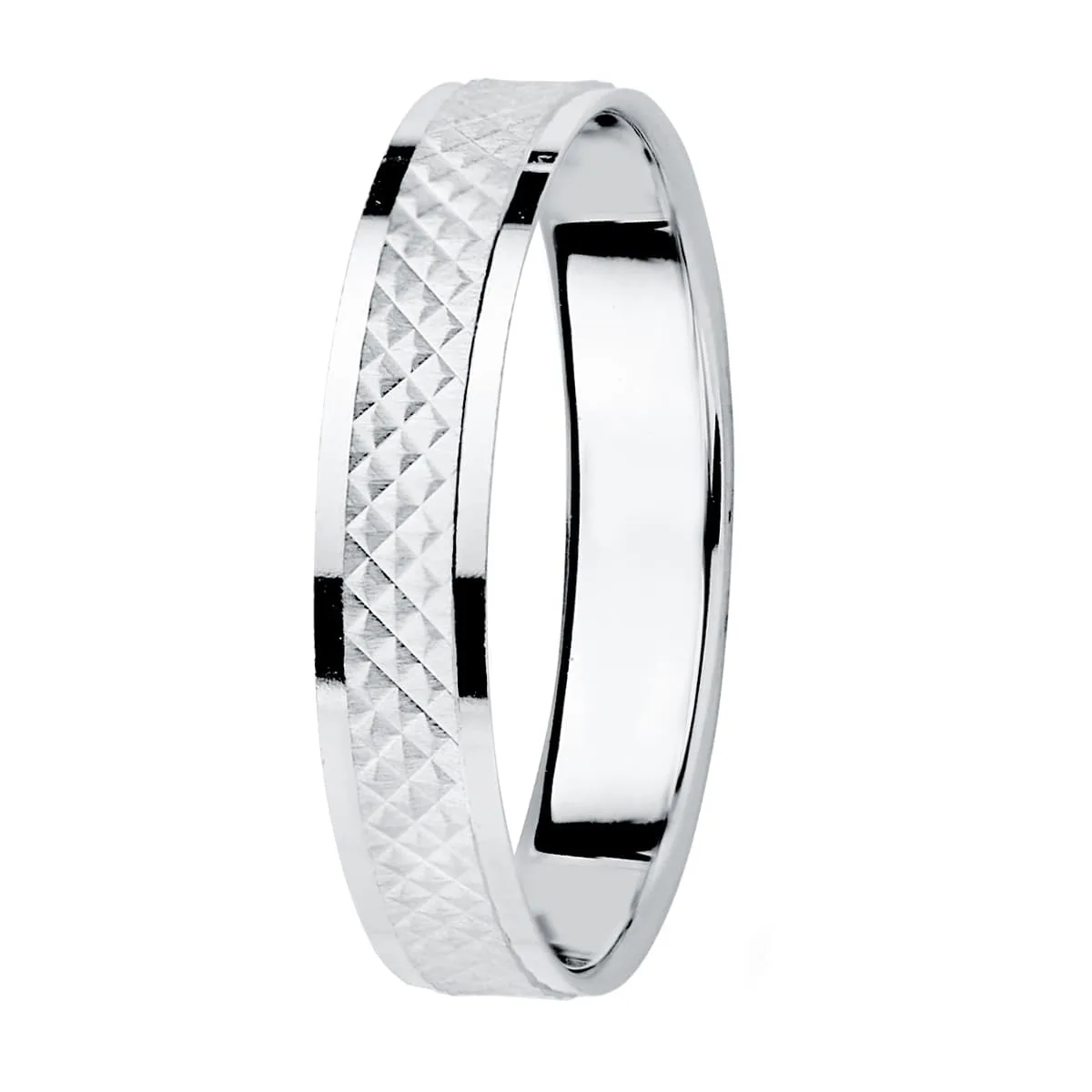 18K ALIANZA ORO BLANCO BORDES BRILLO Y CENTRO TALLADO. ANCHO: 3,5 MM