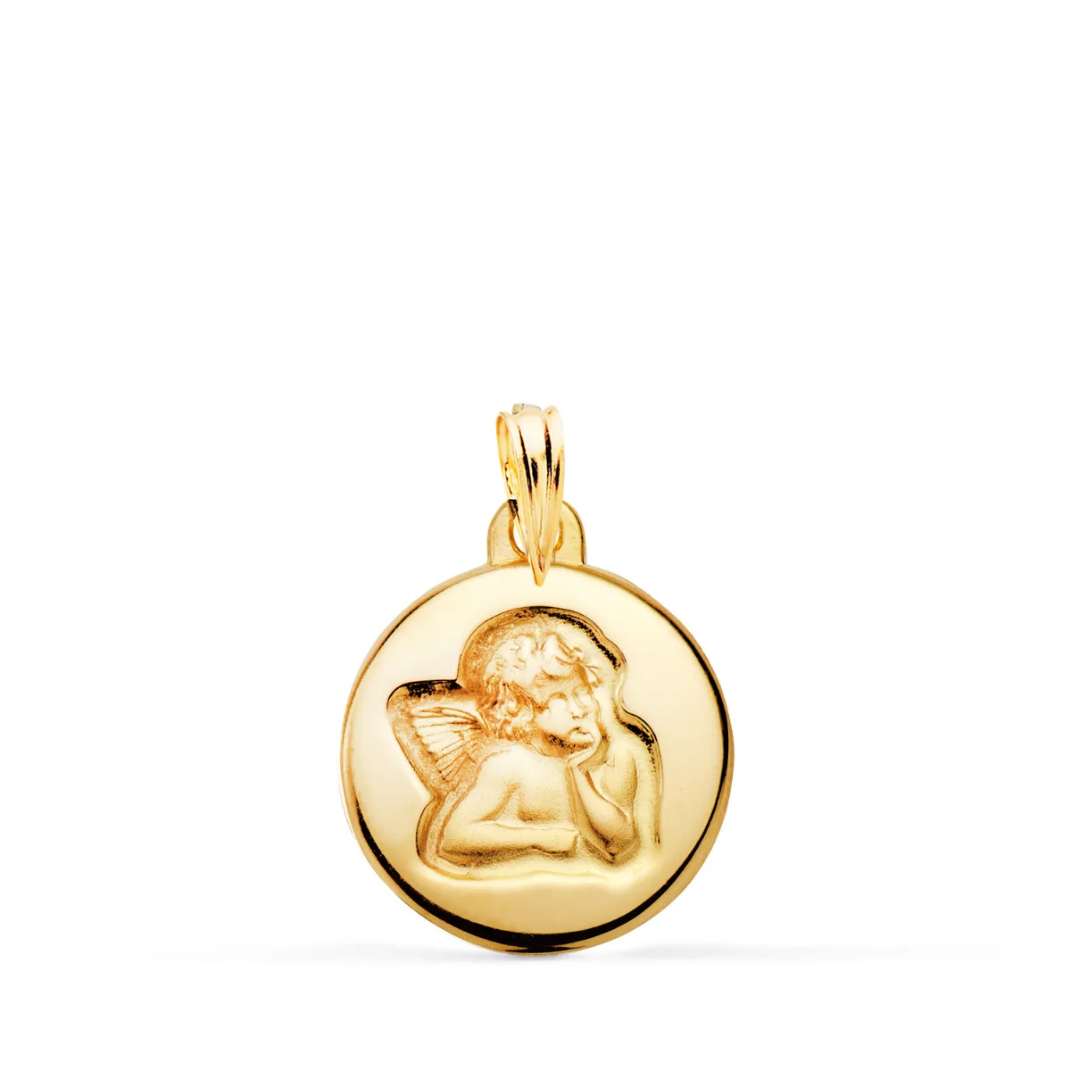 18K MEDALLA ORO AMARILLO REDONDA ANGELITO BURLON BRILLO Y MATE 16 MM