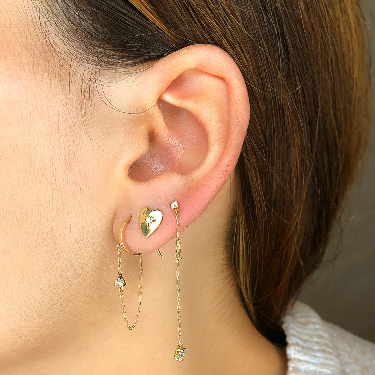 18K PENDIENTES AROS CON CADENA Y CHATON AROS ABIERTOS 11 MM CADENA 32 MM — vista 2