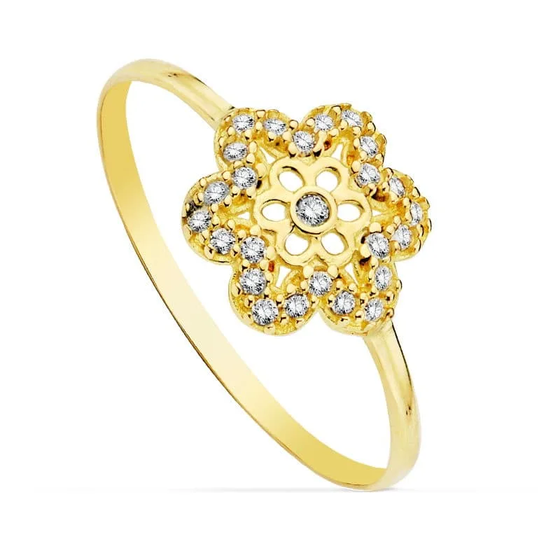 18K SORTIJA ORO AMARILLO FLOR CALADA CON CIRCONITAS. ANCHO: 9 MM