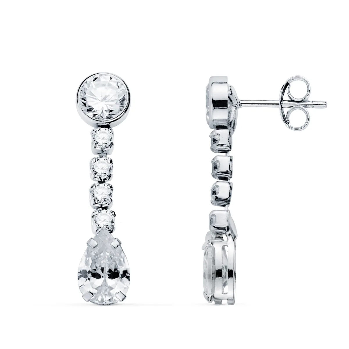18K PENDIENTES ORO BLANCO CIRCONITA EN FORMA DE GOTA Y CIRCONITAS. 22X5 MM. CIERRE PRESION
