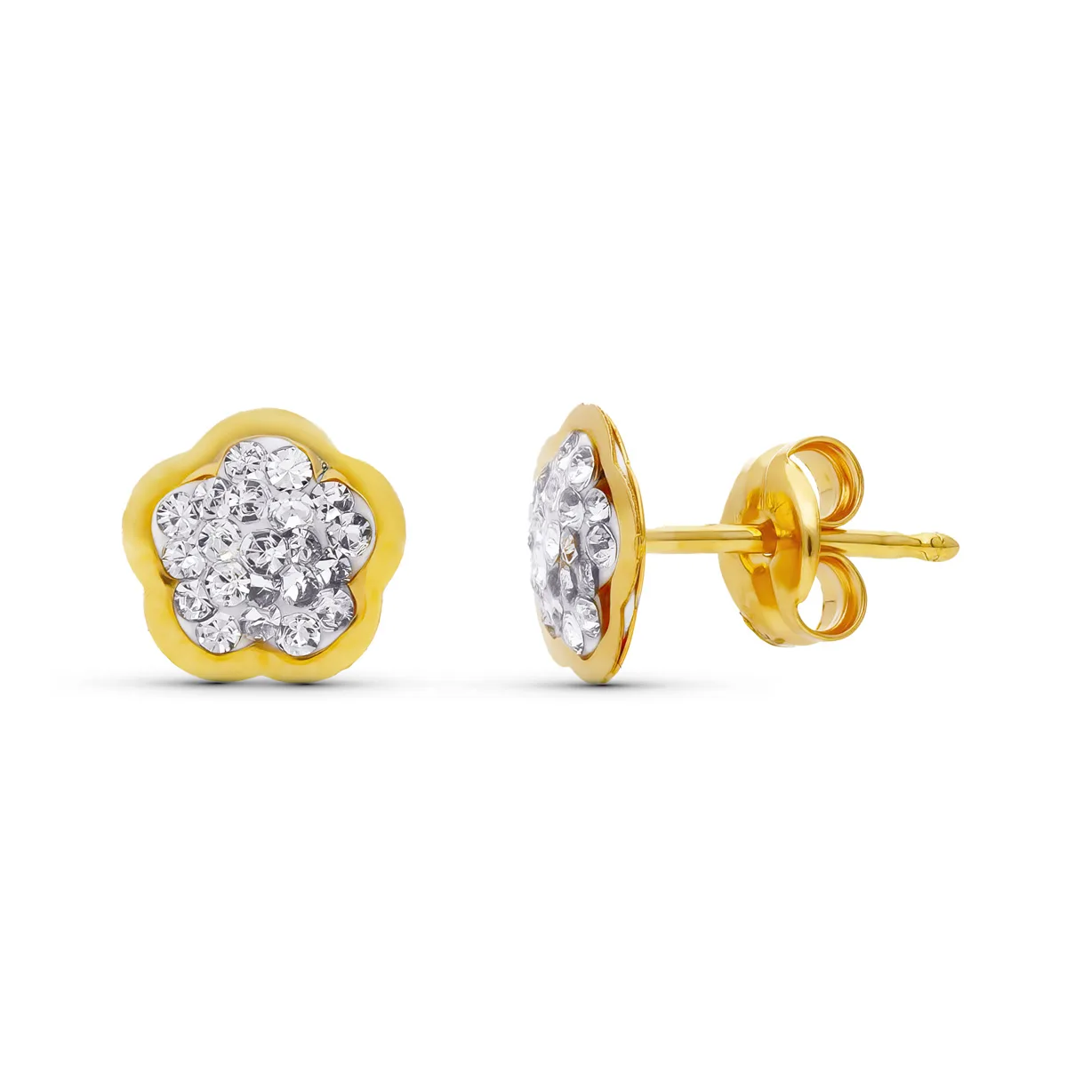 18K PENDIENTES ORO AMARILLO FLOR 6X6 MMPRESION CIERRE PRESION
