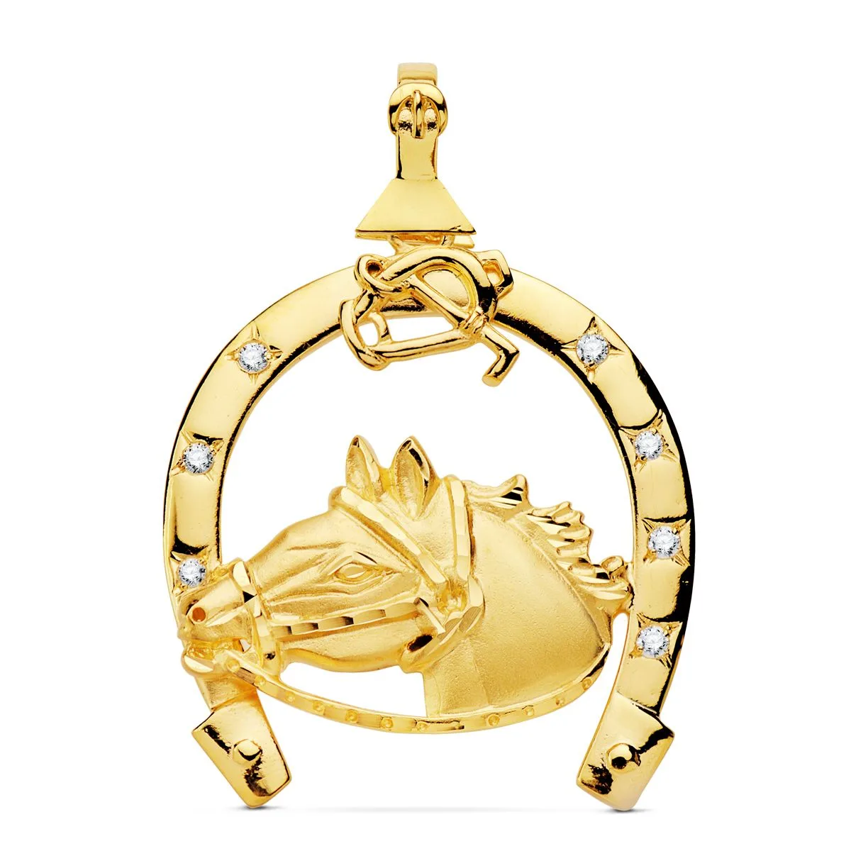 18K COLGANTE ORO AMARILLO HERRADURA CIRCONITA CON CABALLO 42X39 MM