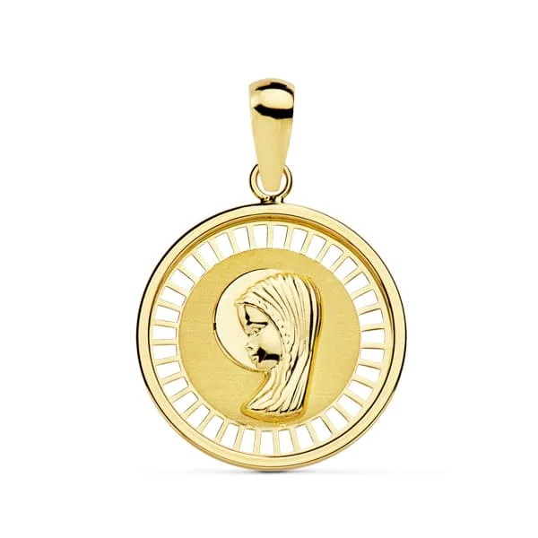 18K MEDALLA ORO AMARILLO VIRGEN NIÑA CERCO CALADO 18 MM