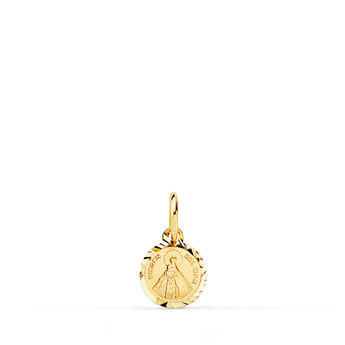 18K MEDALLA ORO AMARILLO MINI LENTEJA VIRGEN DEL MAR BORDES TALLADOS 8 MM