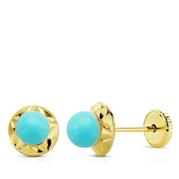 9K PENDIENTES ORO AMARILLO TUERCA TURQUESA ORLA 6 MM