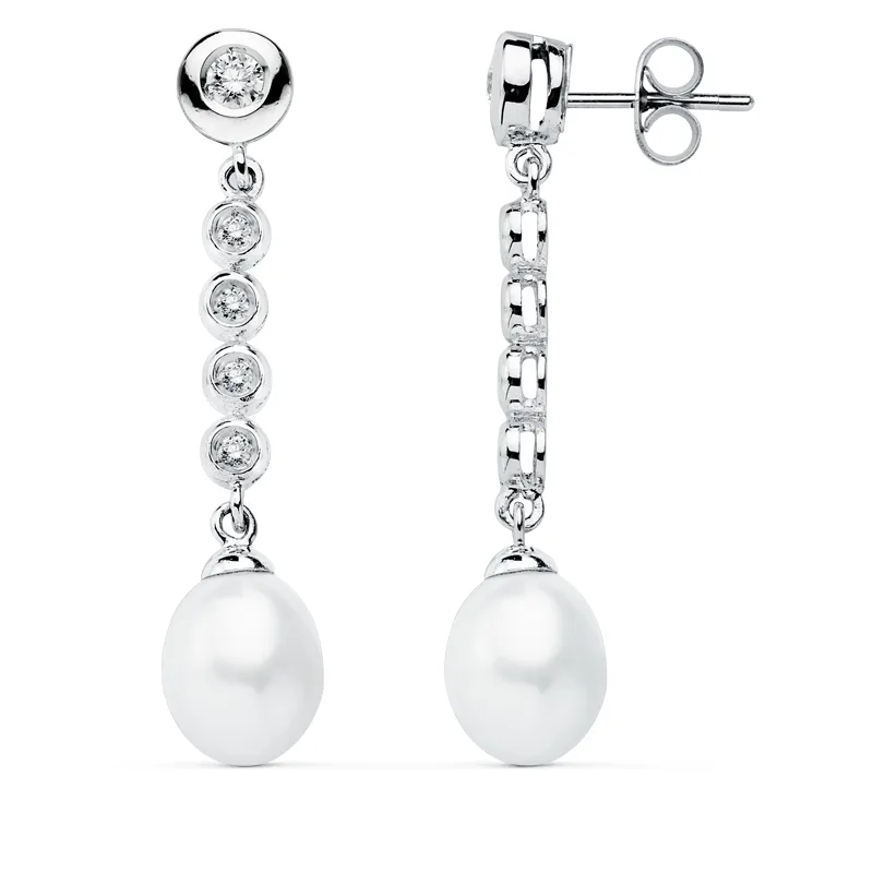 9K PENDIENTES ORO BLANCO PERLA 40X10 MM CIERRE PRESION