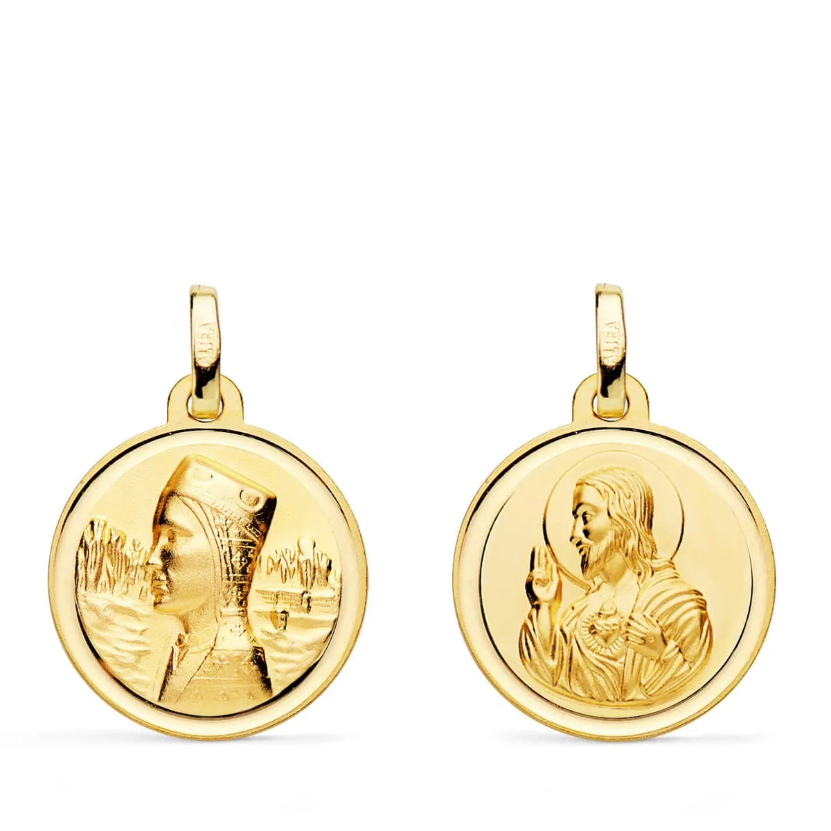 18K ESCAPULARIO ORO AMARILLO VIRGEN MONTSERRAT Y CORAZON DE JESUS BISEL 18 MM