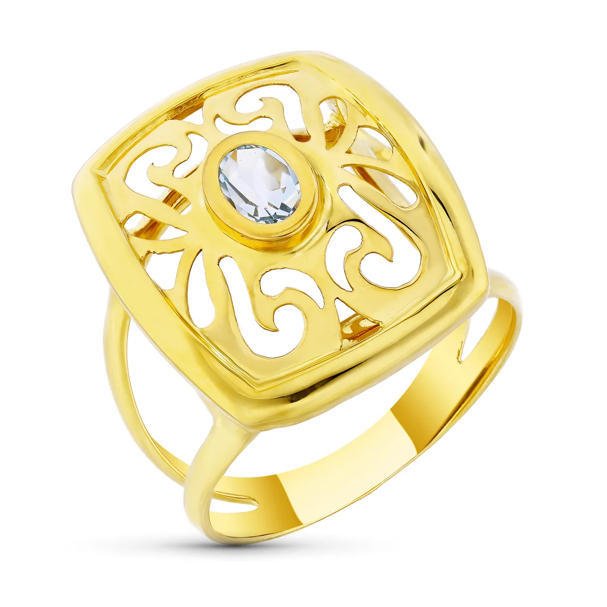 18K SORTIJA ORO AMARILLO MOTIVO CALADO CON CIRCONITA AGUAMARINA. ANCHO: 21 MM