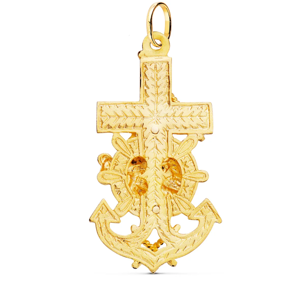 18K CRUZ MARINERA ORO AMARILLO VIRGEN DEL CARMEN TALLADA 47X25 MM — vista 2
