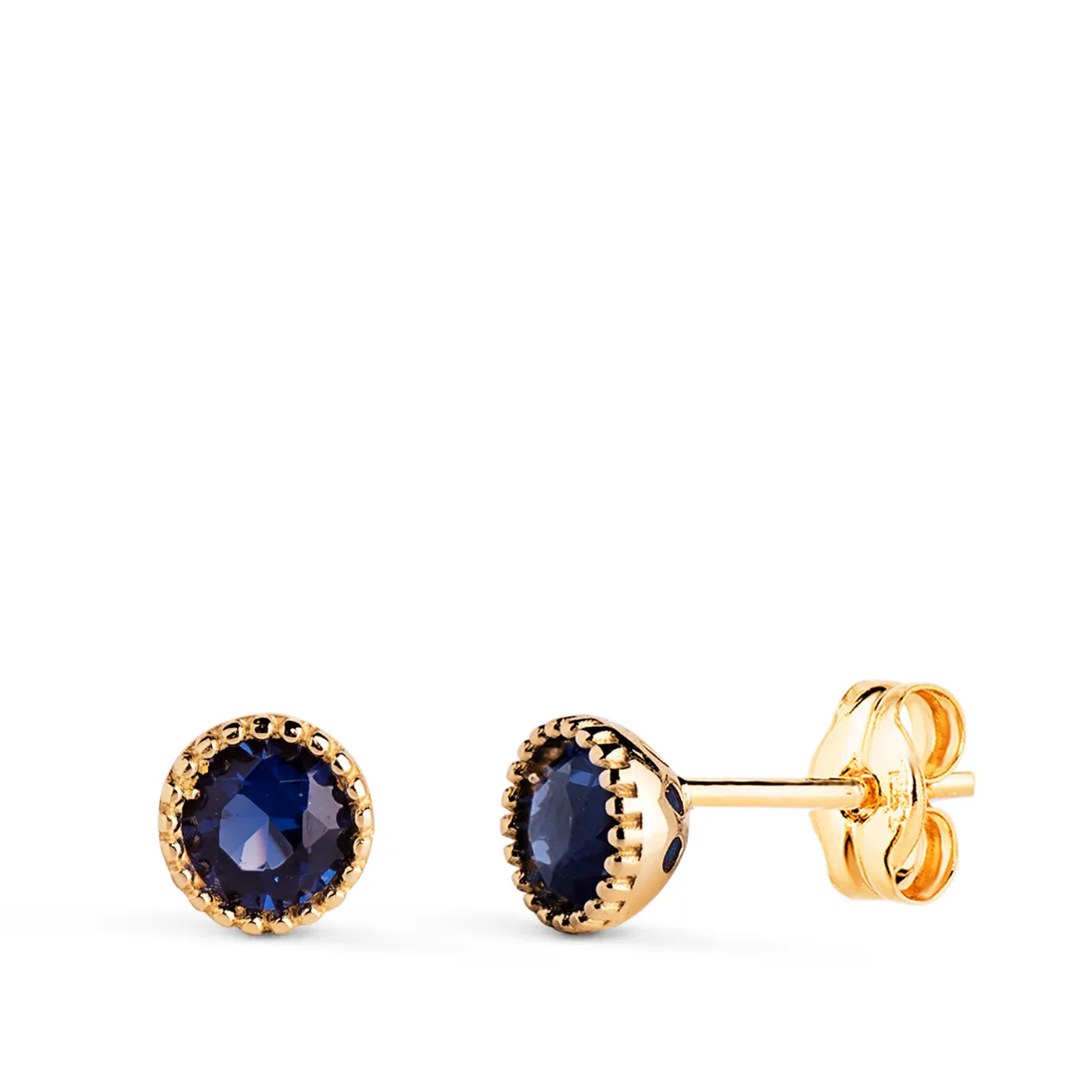 18K PENDIENTES ORO AMARILLO REDONDOS PIEDRA AZUL BORDES BOLITAS. MEDIDA: 5MM. CIERRE PRESION