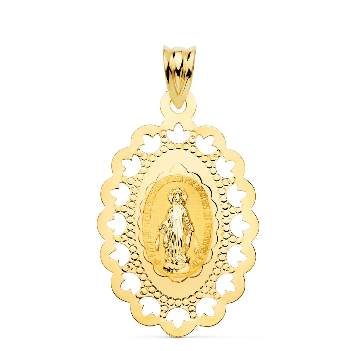 18K MEDALLA ORO AMARILLO VIRGEN MILAGROSA CERCO CALADO 34 X 22 MM