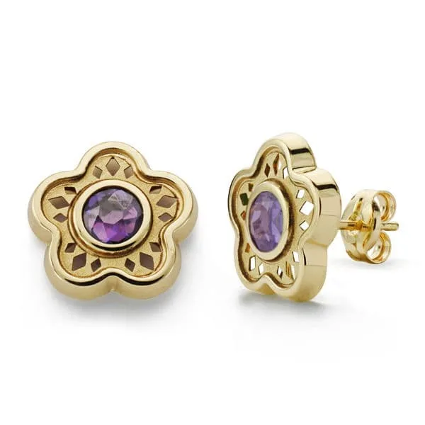 18K PENDIENTES FLOR PIEDRA COLOR AMATISTA ORO AMARILLO 11 MM CIERRE PRESION
