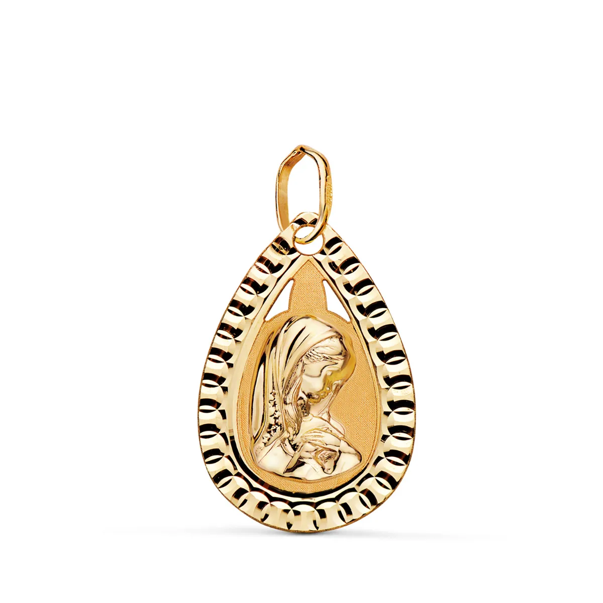 18K MEDALLA ORO AMARILLO GOTA CON VIRGEN NIÑA Y BORDE TALLADO 20X13 MM