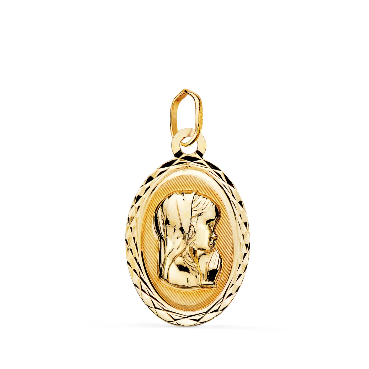 9K MEDALLA ORO AMARILLO VIRGEN NIÑA OVAL TALLADA MATE Y BRILLO. MEDIDA: 20 X 12 MM