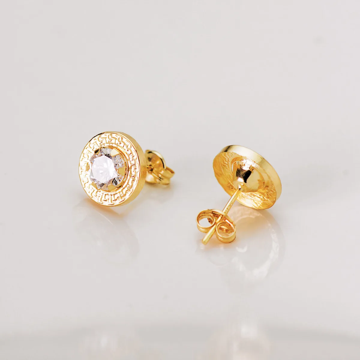 18K PENDIENTES ORO AMARILLO CERCO GRECA Y CIRCONITA GARRAS 5MM. 9 MM CIERRE PRESION — vista 2