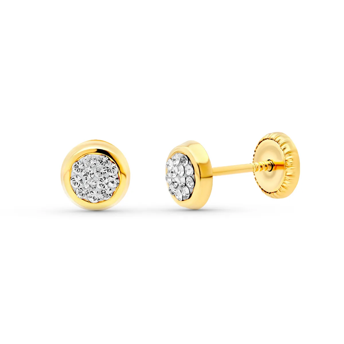 18K PENDIENTES ORO AMARILLO CHATON REDONDOS CIRCONITA 5 MM. CIERRE TUERCA