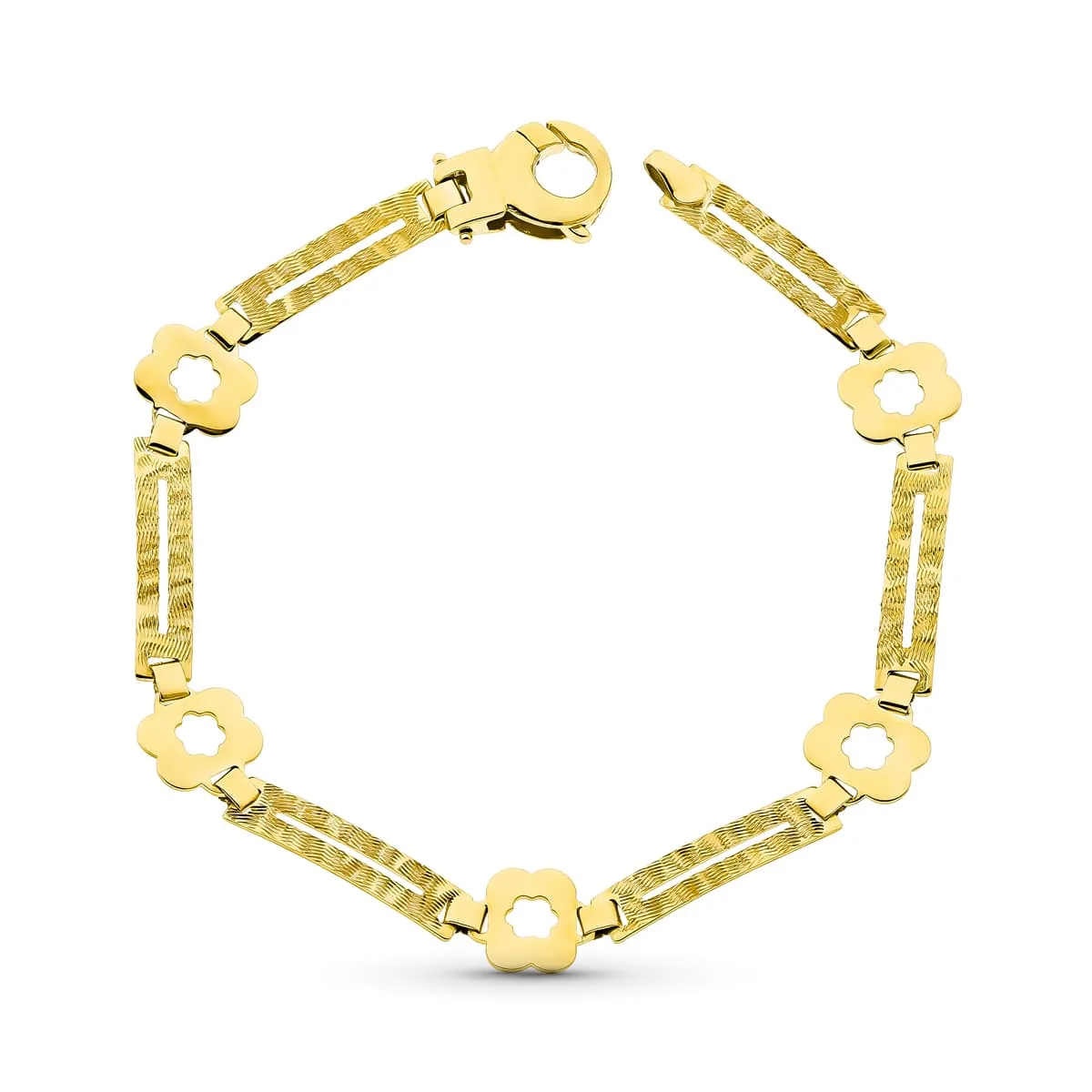 18K PULSERA ORO AMARILLO FLORES Y RECTANGULOS MATE Y BRILLO